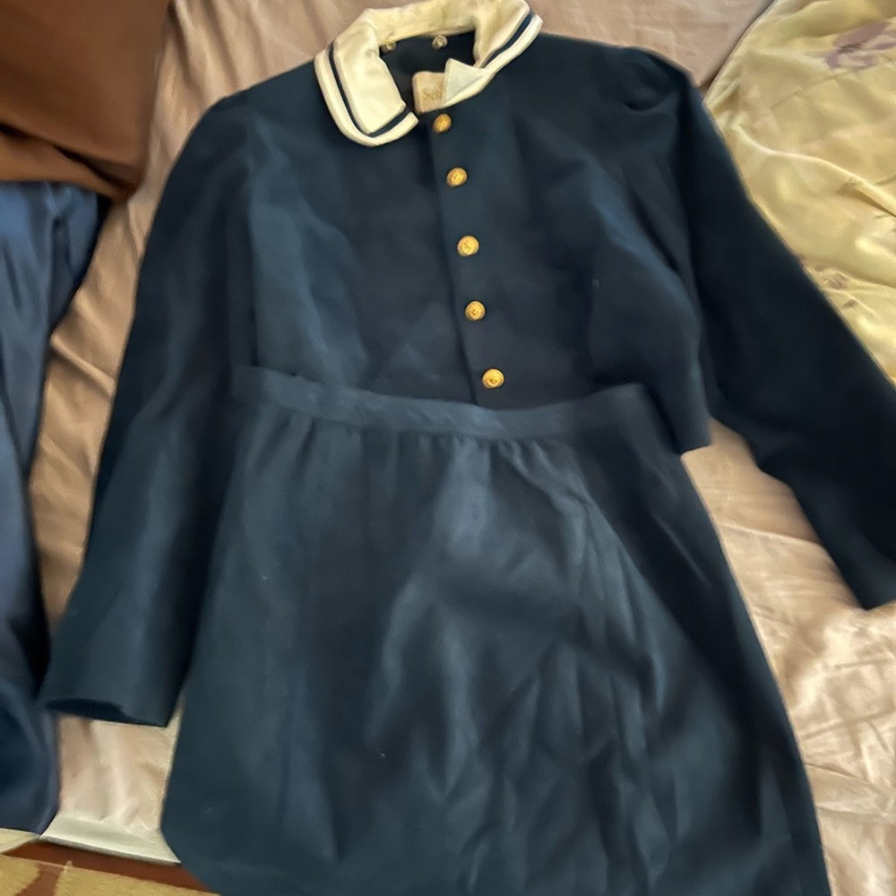 White and Blue jacket with gold buttons  and skirt
